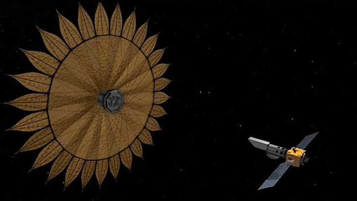 Ảnh minh họa thiết kế Đài quan sát Thế giới có thể sống được với tấm chắn sao; trong thực tế, kính có thể dùng vành nhật hoa hoặc tấm chắn, cả hai đều giúp chặn ánh sáng từ ngôi sao. (Nguồn: NASA)