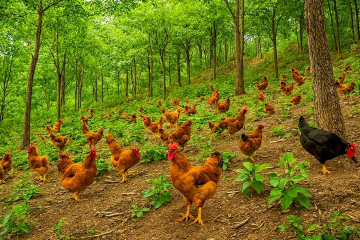 Mô hình nuôi gà thả đồi dưới tán rừng.