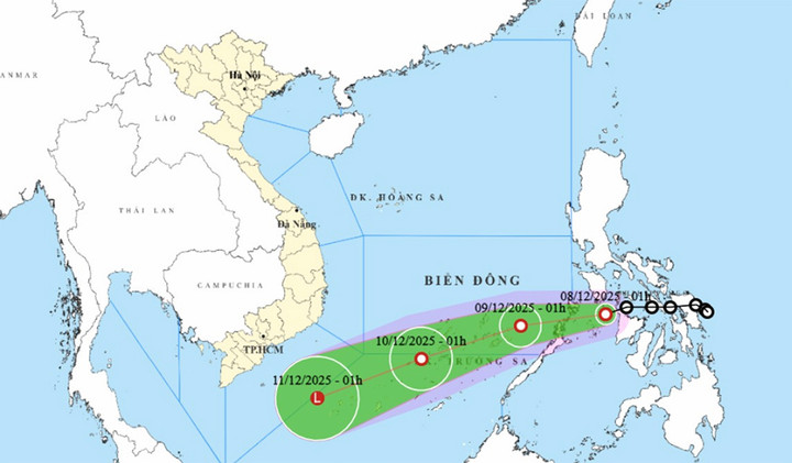 Bản đồ dự báo đường đi, khu vực ảnh hưởng của áp thấp nhiệt đới gần Biển Đông. (Nguồn: NCHMF)