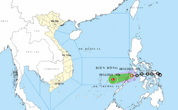 Bản đồ dự báo đường đi, khu vực ảnh hưởng của áp thấp nhiệt đới. (Nguồn: NCHMF)
