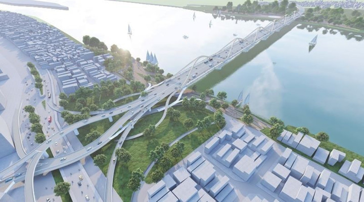 Loạt cây cầu nghìn tỷ sẽ gia tăng kết nối giữa hai bờ sông Hồng. (Ảnh phối cảnh cầu Trần Hưng Đạo)