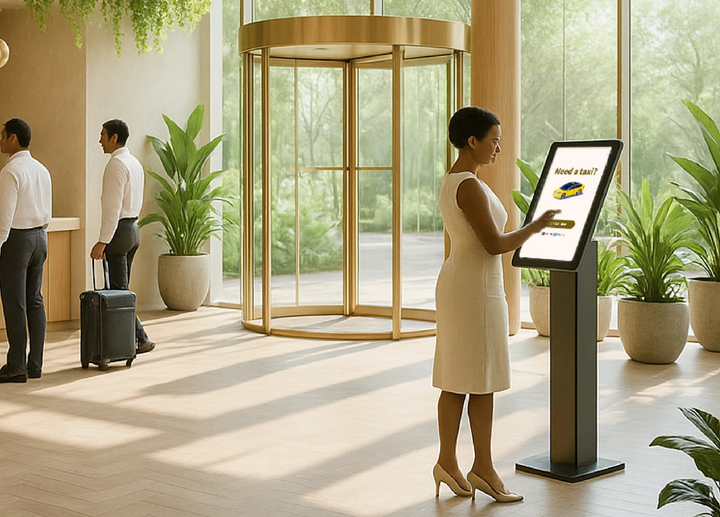 Khách lưu trú tại khách sạn sử dụng kiosk đặt dịch vụ không cần ứng dụng, chỉ với thao tác chạm đơn giản. (Nguồn: Taxibutler)