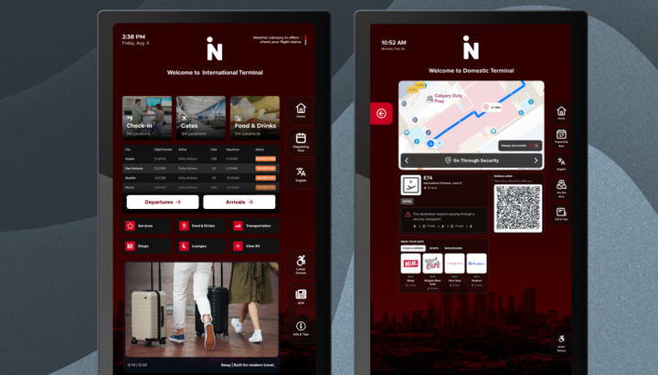 Màn hình thông tin kỹ thuật số tại sân bay hỗ trợ tra cứu chuyến bay, bản đồ nhà ga và dịch vụ địa phương — giúp hành khách tự phục vụ mà không cần ứng dụng di động. (Nguồn: Airportscouncil)