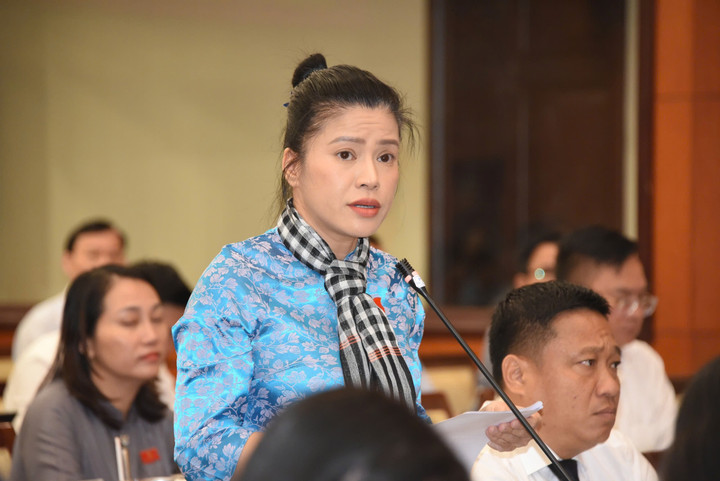 Đại biểu Đoàn Ngọc Như Tâm chất vấn chất lượng suất ăn bán trú của học sinh.