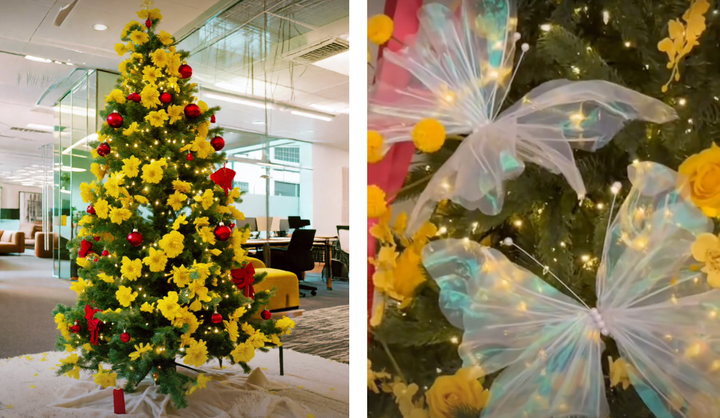 Cây thông Noel kết hợp hoa mai, hoa đào. (Ảnh chụp màn hình)