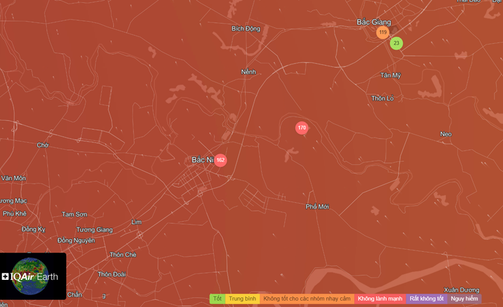 Chỉ số chất lượng không khí (AQI⁺) tại Bắc Ninh chiều 10/12.