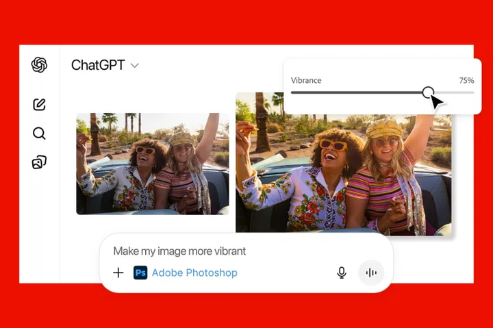 Die Photoshop-Anwendung für ChatGPT bietet eine Benutzeroberfläche mit Schiebereglern für verschiedene Bearbeitungsfunktionen. (Quelle: Adobe)