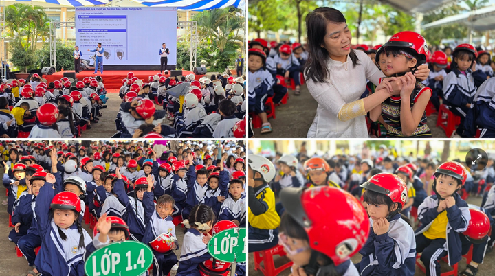 Hướng dẫn viên Honda Việt Nam hướng dẫn các em đội mũ bảo hiểm đúng cách.
