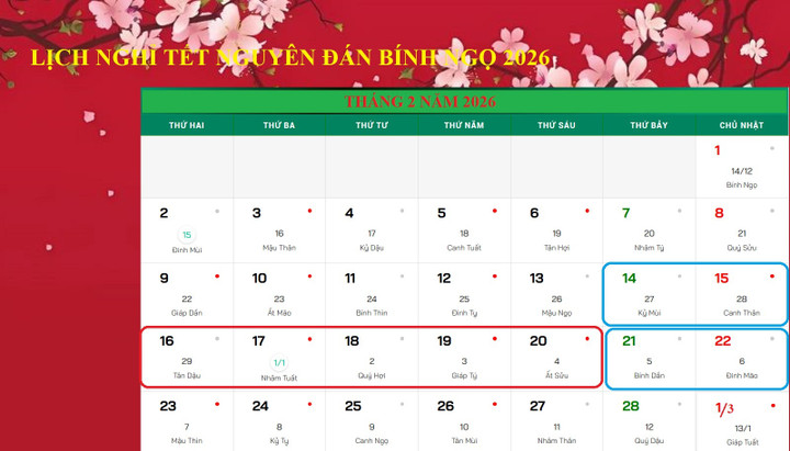 Tết Nguyên đán Bính Ngọ, người lao động được nghỉ 9 ngày liên tục, trong đó 5 ngày nghỉ Tết (khoanh đỏ) và 4 ngày nghỉ cuối tuần liền kề (khoanh xanh).