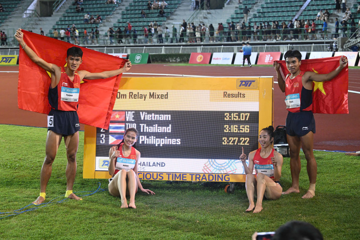 Thậm chí, thành tích 3 phút 15 giây 07 giúp điền kinh Việt Nam phá kỉ lục SEA Games ở nội dung 4x400m tiếp sức hỗn hợp. Kỉ lục cũ thuộc về đội Thái Lan với thành tích 3 phút 19 giây 29. Đội chủ nhà cũng phá kỷ lục ở SEA Games lần này, nhưng các vận động viên Việt Nam còn xuất sắc hơn!