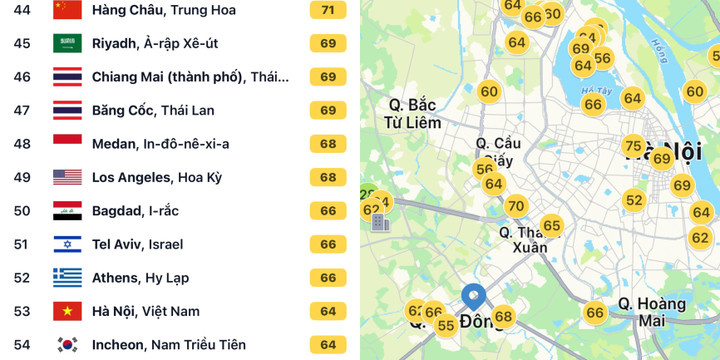 Chỉ số chất lượng không khí tại Hà Nội sáng nay được cải thiện rõ rệt. (Ảnh: AirVisual)