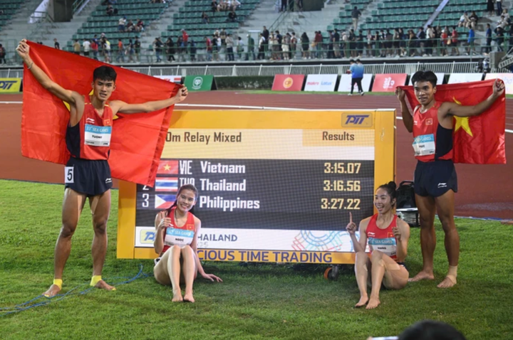 Thành tích của đội tuyển điền kinh Việt Nam phá kỉ lục SEA Games ở nội dung 4x400m tiếp sức hỗn hợp.