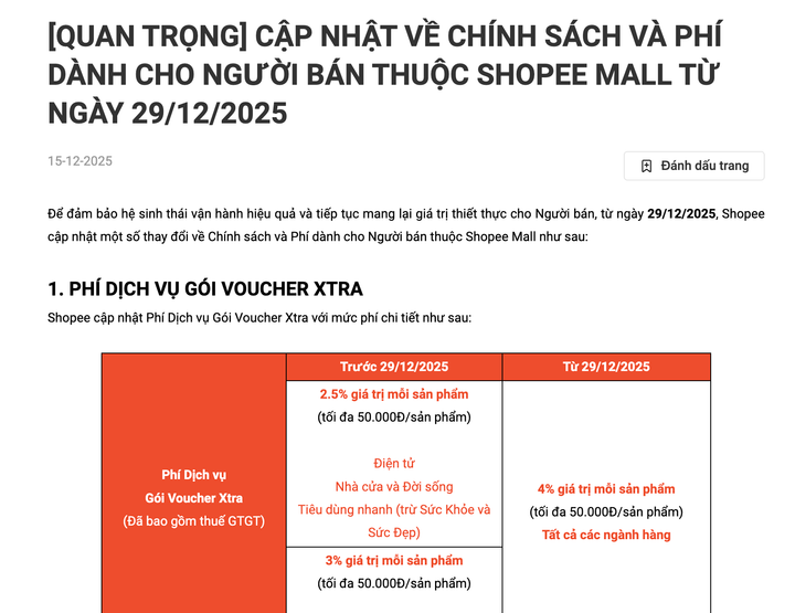 Thông báo tăng phí của Shopee. (Ảnh chụp màn hình)