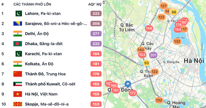 Sáng nay (16/12), Hà Nội lại lọt top 10 trong danh sách các thành phố có chất lượng không khí ô nhiễm nhất thế giới. (Ảnh: AirVisual)