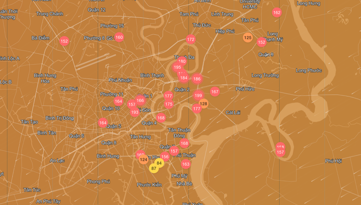 Chất lượng không khí nhiều nơi trên địa bàn TP.HCM ở mức cảnh báo đỏ trong sáng 17/12. (Nguồn: IQAIR)