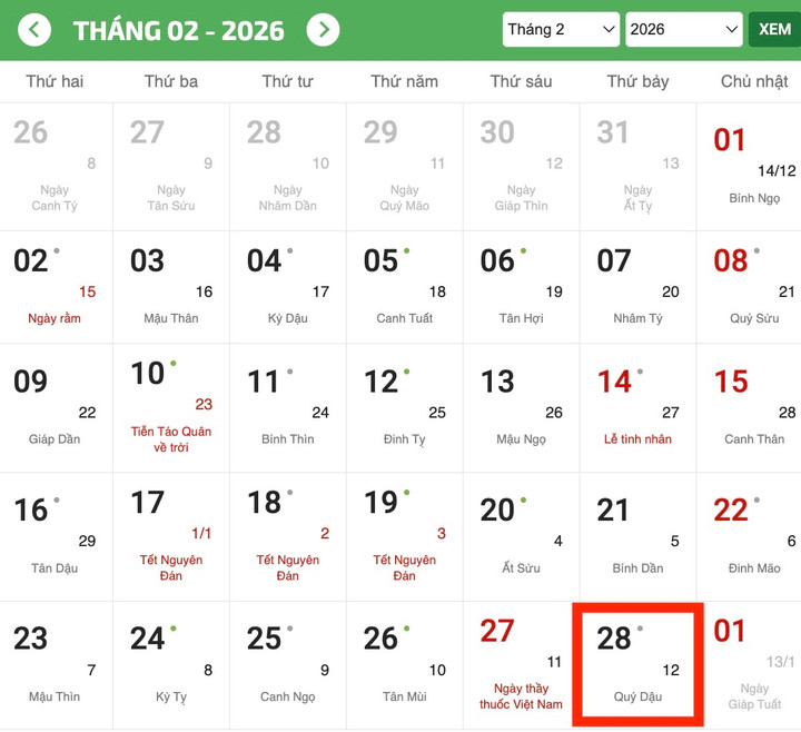 Tháng 2 năm 2026 vẫn có 28 ngày như thường lệ. (Ảnh chụp màn hình)