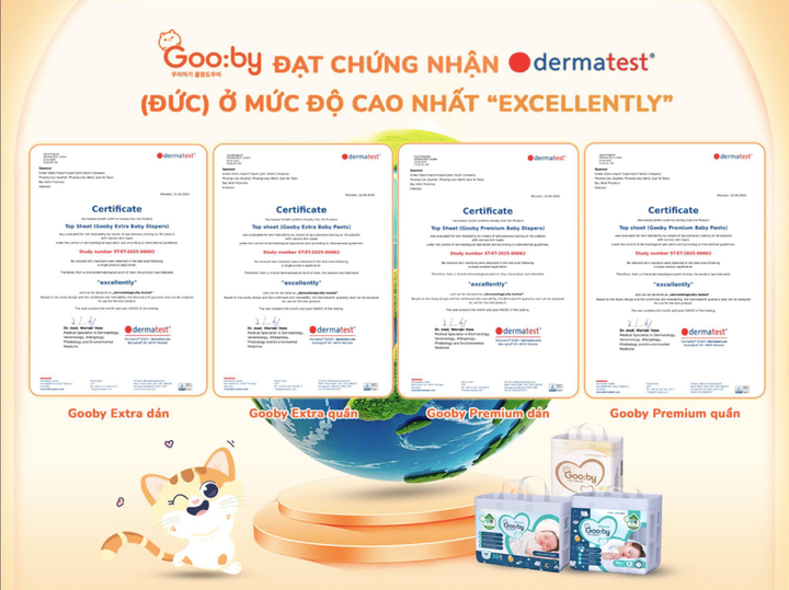 Chứng nhận Dermatest được cấp ở các dòng tã/bỉm Gooby.