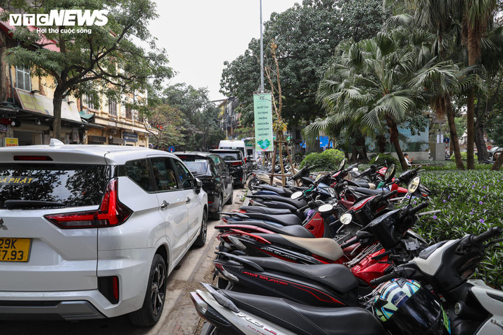 Vỉa hè vườn hoa bị xe máy dựng kín, ô tô đỗ kín dọc lòng đường.