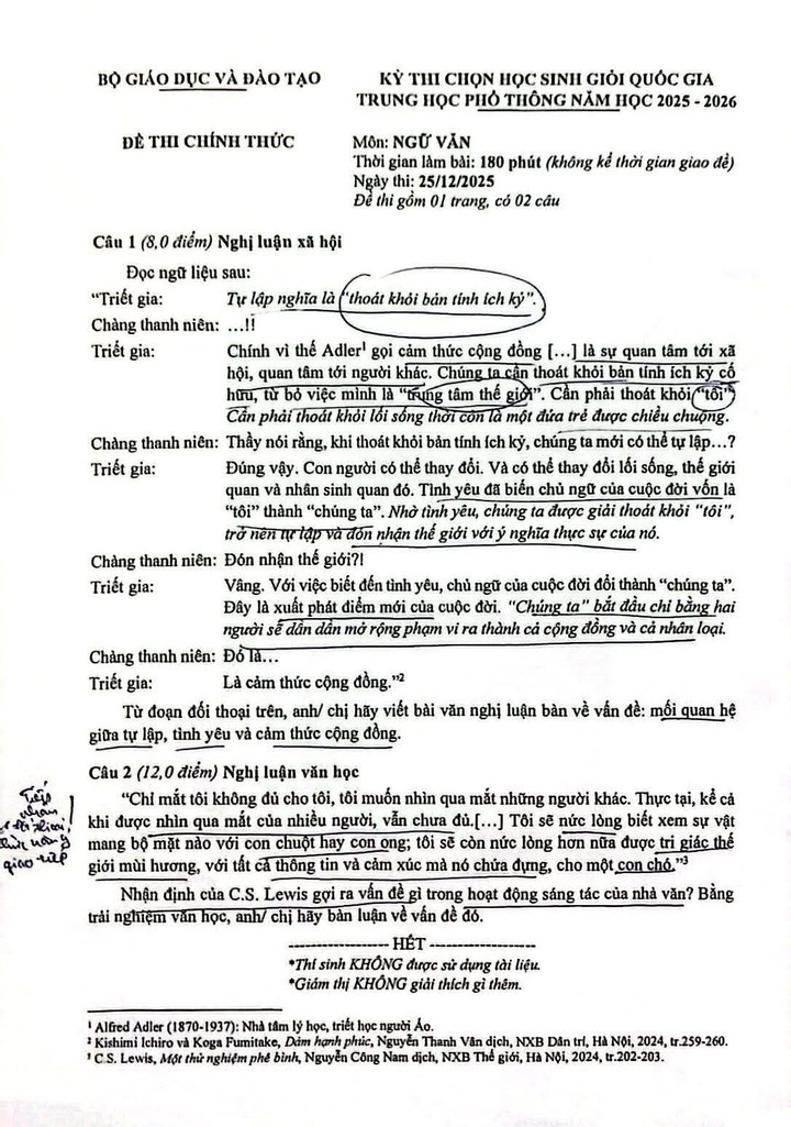 Đề thi HSG quốc gia môn Ngữ văn bàn về tự lập, tình yêu và cảm thức cộng đồng. (Ảnh: FB THPT Chuyên Hà Nội - Amsterdam)