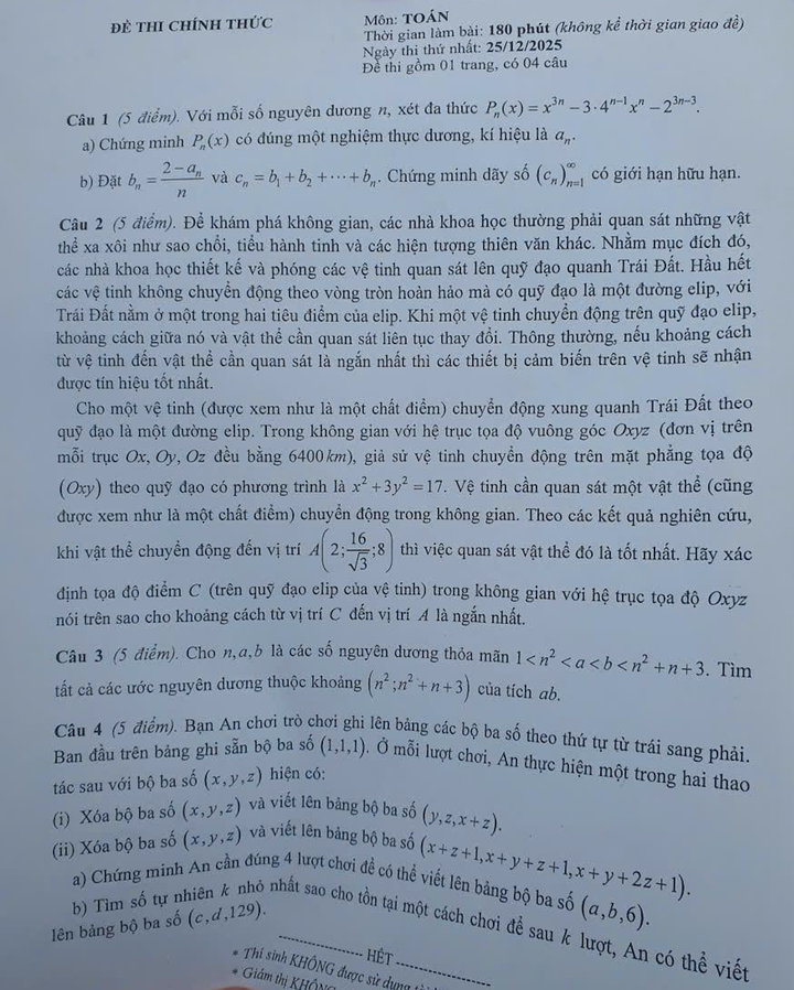 Đề thi HSG quốc gia môn Toán 2025-2026 (ngày 1).