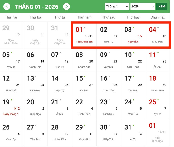 Tết Dương lịch 2026 liên tiếp 4 ngày thay vì 1 ngày như quy định. (Ảnh chụp màn hình)