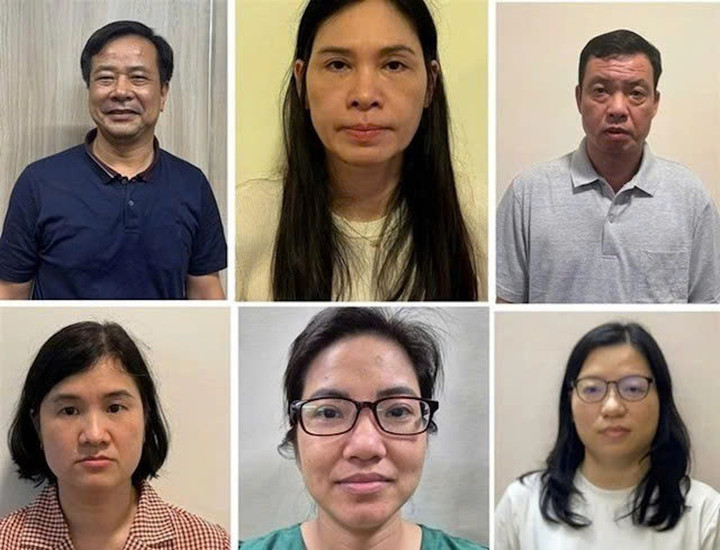 Bị can Nghiêm Quốc Hưng, Chủ tịch HĐQT kiêm Tổng giám đốc Công ty Hoàng Long (góc trái trên cùng) cùng các bị can trong vụ án.