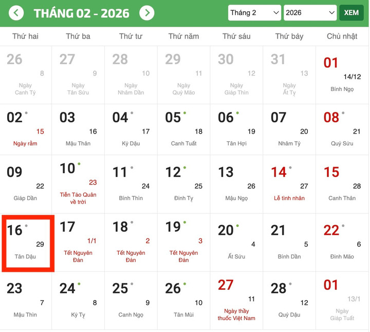 Tết Bính Ngọ 2026 không có ngày 30 Tết. (Ảnh chụp màn hình)