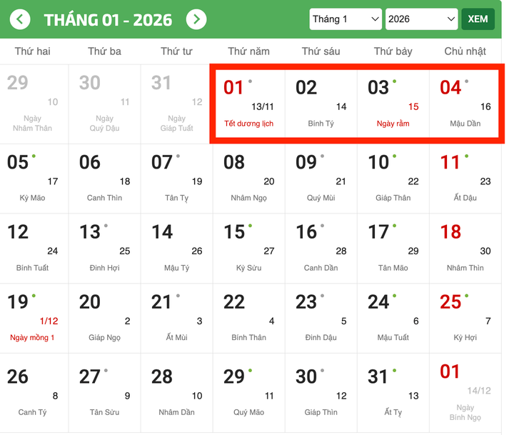 Công chức, viên chức nghỉ Tết Dương lịch 2026 liên tục 4 ngày.