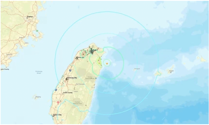 Bản đồ của Cơ quan Khảo sát Địa chất Mỹ (USGS) cho thấy trận động đất xảy ra ngoài khơi ngày 27/12, cách huyện ven biển Nghi Lan (đông bắc Đài Loan, Trung Quốc) khoảng 32 km. (Ảnh: USGS)