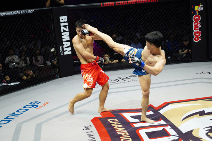 Nhà vô địch tán thủ quốc gia Nguyễn Hữu Hân (xanh) áp đảo Nguyễn Tiến Long.