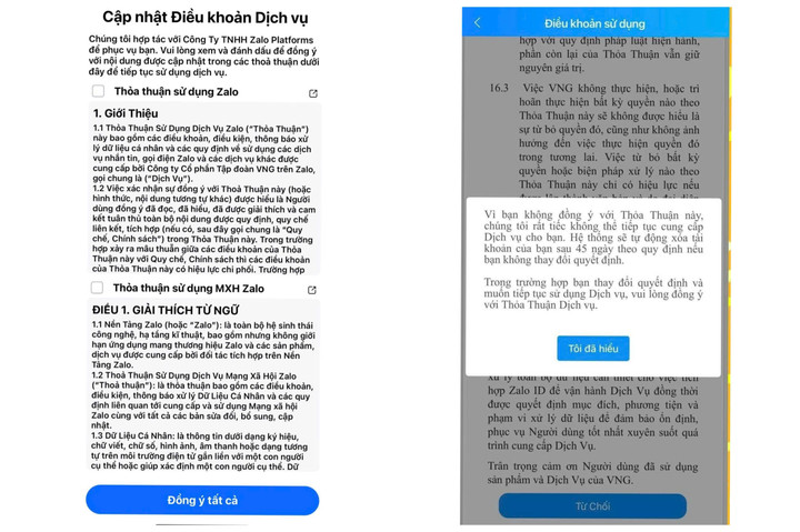 Nội dung điều khoản Zalo yêu cầu người dùng. (Ảnh: MH)