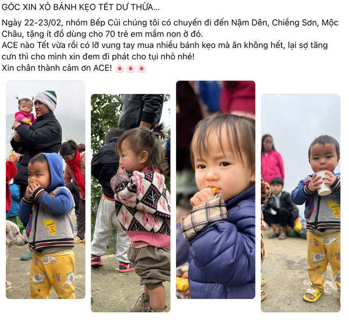 Trước mỗi chuyến đi, các thành viên của nhóm Bếp Củi thường kêu gọi ủng hộ bánh kẹo, quần áo cho trẻ em vùng cao. (Ảnh: Facebook nhân vật)