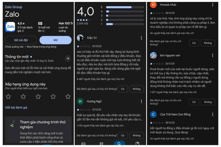 Đánh giá 1 sao và bình luận của người dùng trên CH Play. (Ảnh: MH)