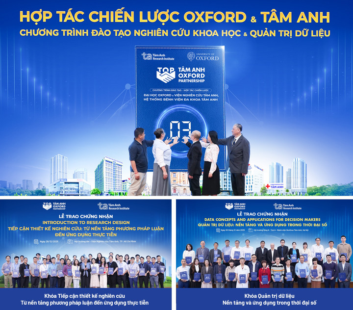 Các chuyên gia Oxford - Tâm Anh cùng thực hiện nghi thức khai mạc “Tuần lễ đào tạo chuyên sâu phối hợp giữa Viện Nghiên cứu Tâm Anh & Đại học Oxford” và gần 100 học viên đầu tiên nhận chứng nhận chuẩn Oxford - Tâm Anh về khóa đào tạo Thiết kế nghiên cứu và Quản trị dữ liệu. (Ảnh: Viện Nghiên cứu Tâm Anh)