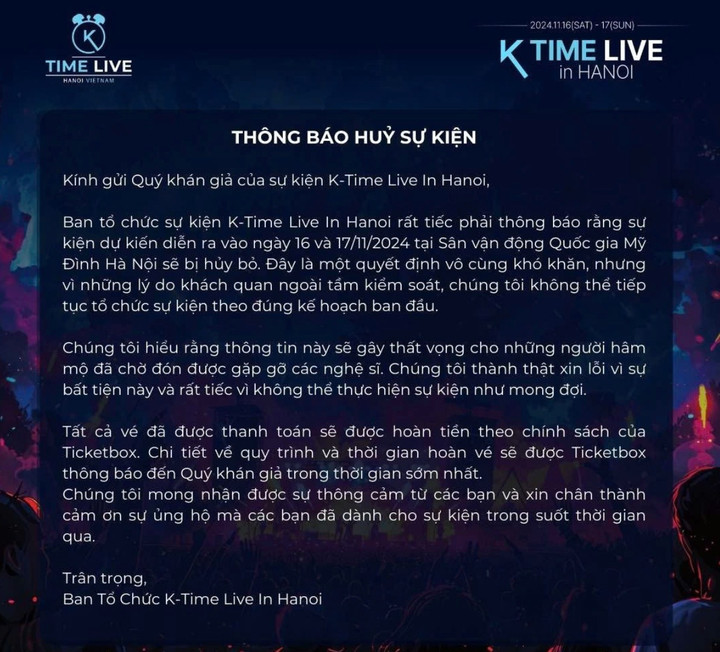 Đêm nhạc "K-Time live in Hanoi" bị hủy với lý do khách quan ngoài tầm kiểm soát.