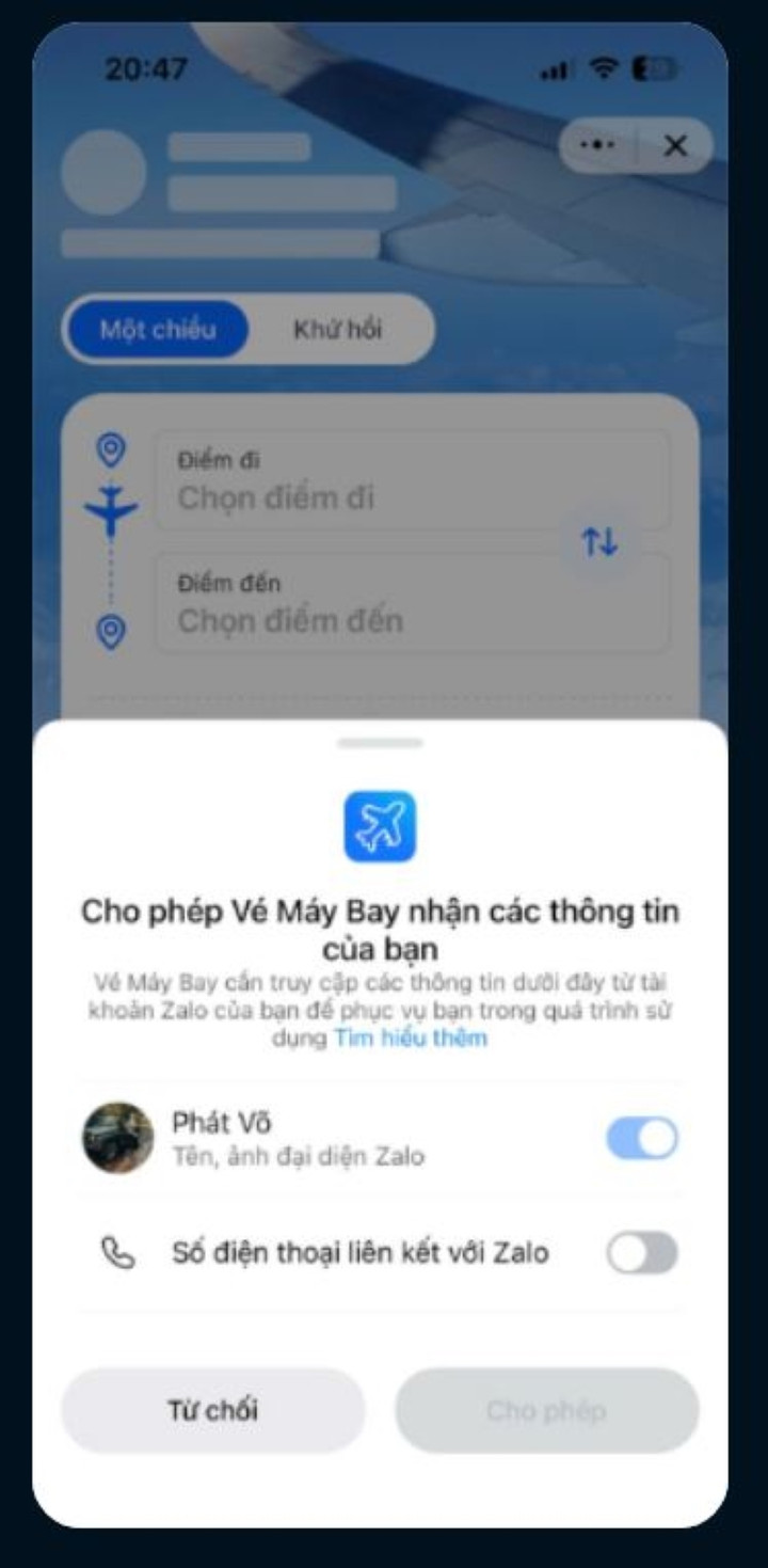 Người dùng cần cấp quyền cho ứng dụng của bên thứ 3. (Ảnh: Zalo)