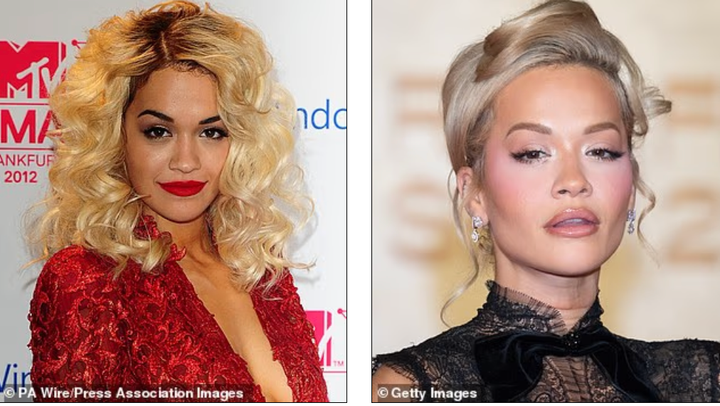 Rita Ora trong bức ảnh năm 2012 với lông mày rất dày và được định hình rõ nét (ảnh trái). Năm 2025, ngôi sao này xuất hiện với lông mày được định hình nhẹ nhàng và mềm mại hơn nhiều (ảnh phải).