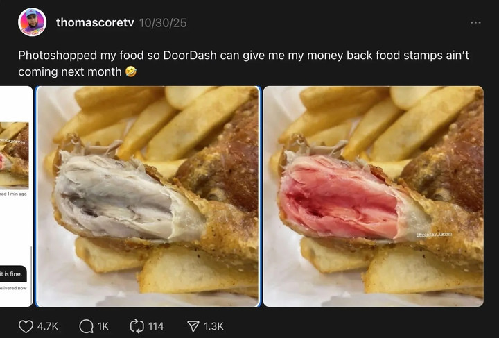 Người dung biến một chiếc đùi gà chín thành chưa chín, để nhận hoàn tiền. (Ảnh: Threads/thomascoretv)