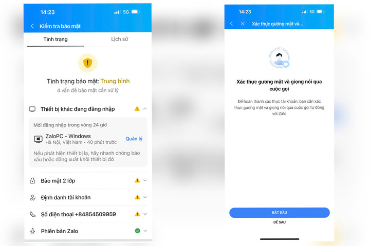 Màn hình ứng dụng Zalo yêu cầu các bước định danh tài khoản mới. (Ảnh: MH)