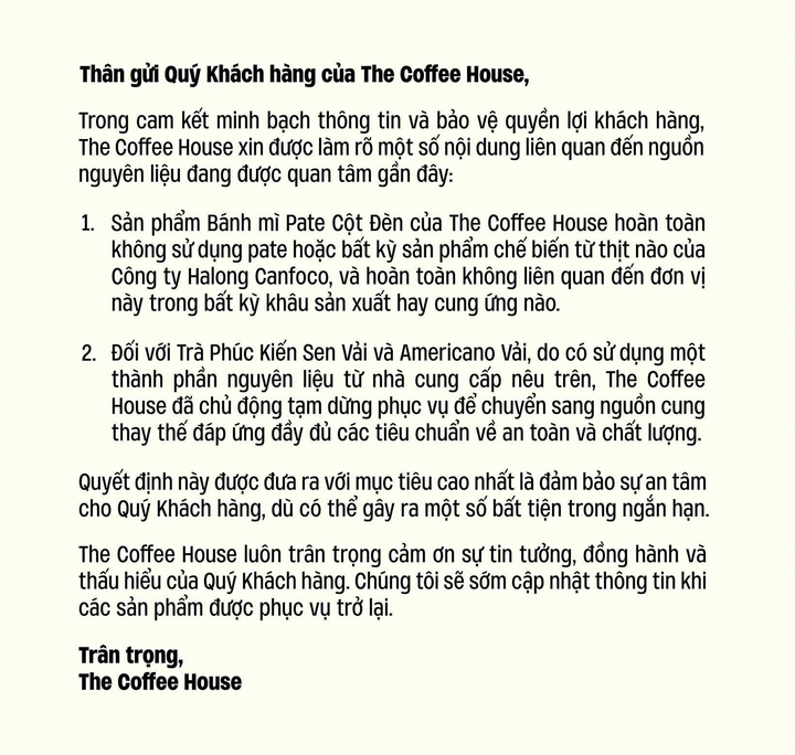 The Coffee House khẳng định không liên quan đến Halong Canfoco trong bất kỳ khâu sản xuất hay cung ứng nào.