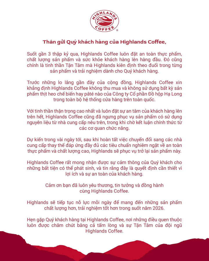 Highlands Coffee cũng nói không thu mua, không sử dụng sản phẩm thịt heo chế biến nào của Halong Canfoco.