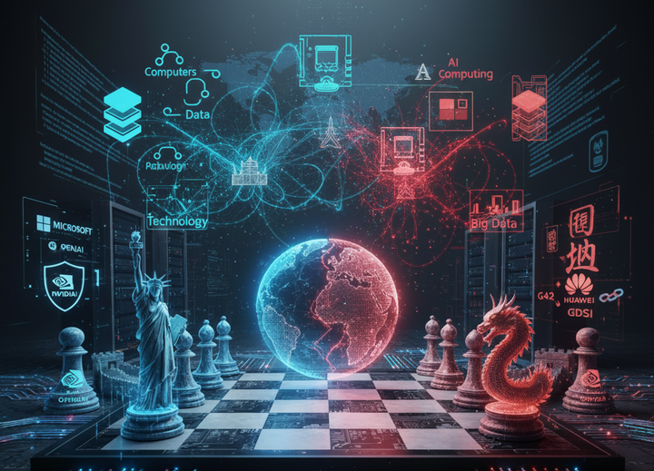 Cuộc cạnh tranh AI giữa Mỹ và Trung Quốc được ví như ván cờ công nghệ toàn cầu, nơi dữ liệu, chip và hạ tầng số trở thành quân cờ chiến lược. (Nguồn: Gemini)