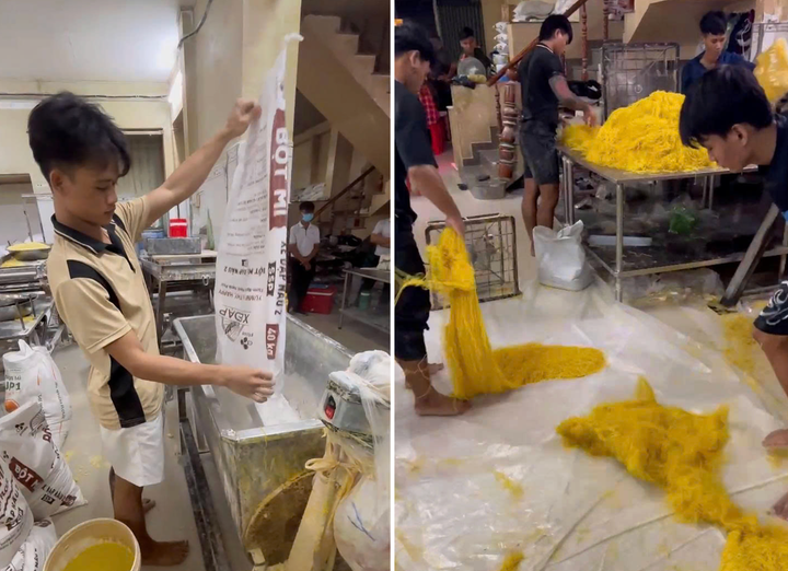 Các công nhân sản xuất mì sợi trong điều kiện không đảm bảo vệ sinh. (Ảnh: CA)