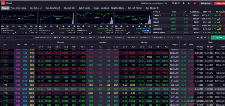 Chỉ số VN-Index lần đầu vượt 1.900 điểm với các mã tăng áp đảo. (Ảnh chụp màn hình)