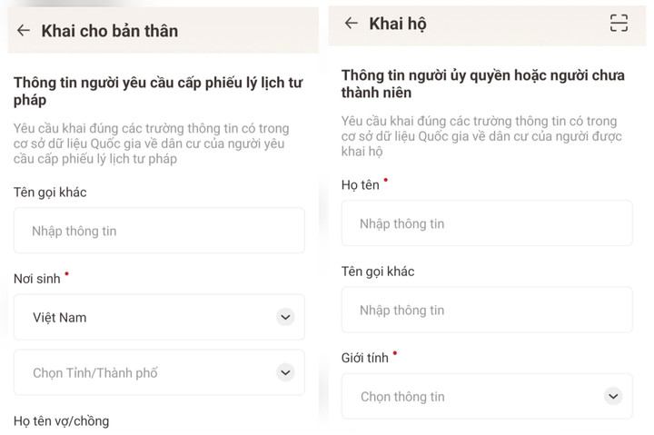 Công dân cần điền đầy đủ thông tin theo yêu cầu của ứng dụng. (Ảnh: Minh Hoàn)