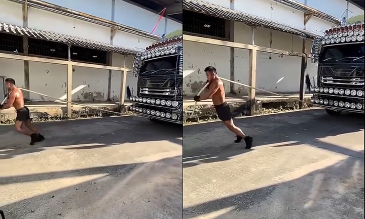 Buakaw tập thể lực bằng cách kéo xe tải