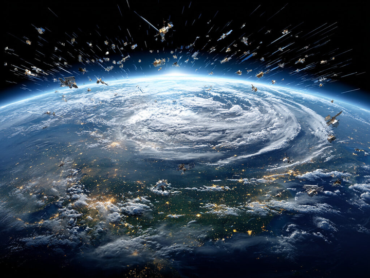 Mật độ vệ tinh ngày càng dày đặc quanh Trái đất - phản ánh cuộc đua không gian giữa các cường quốc và nguy cơ tắc nghẽn quỹ đạo thấp. (Ảnh: ZME Science)