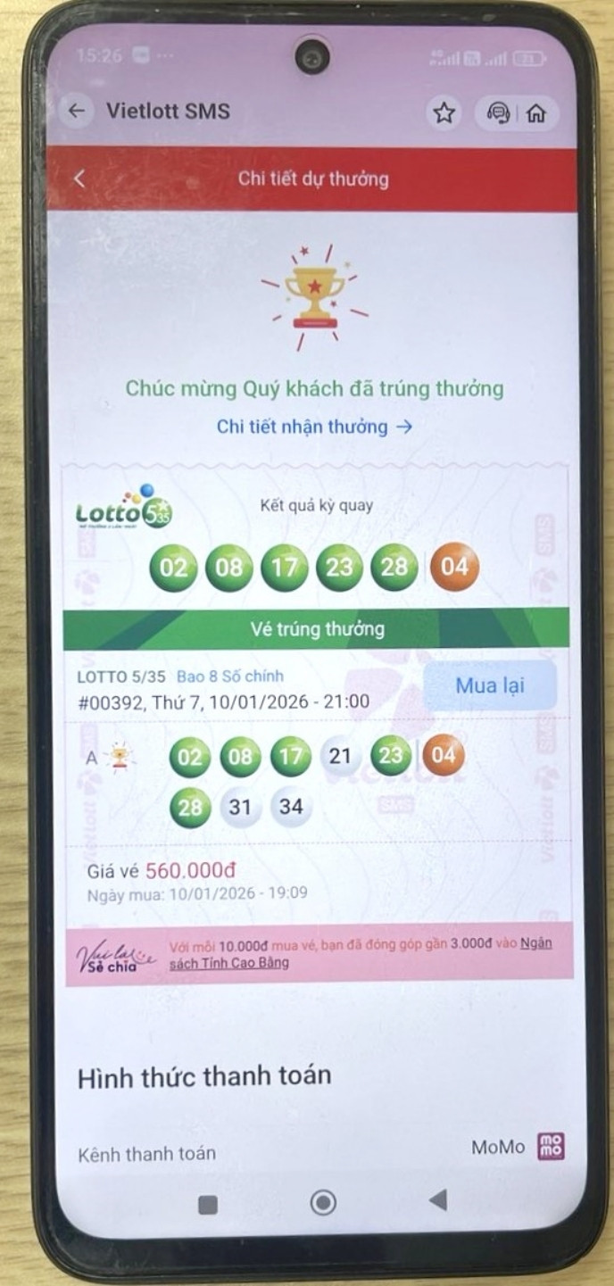 Thông báo trúng độc đắc tới điện thoại của anh T. (Ảnh: Đại Việt)