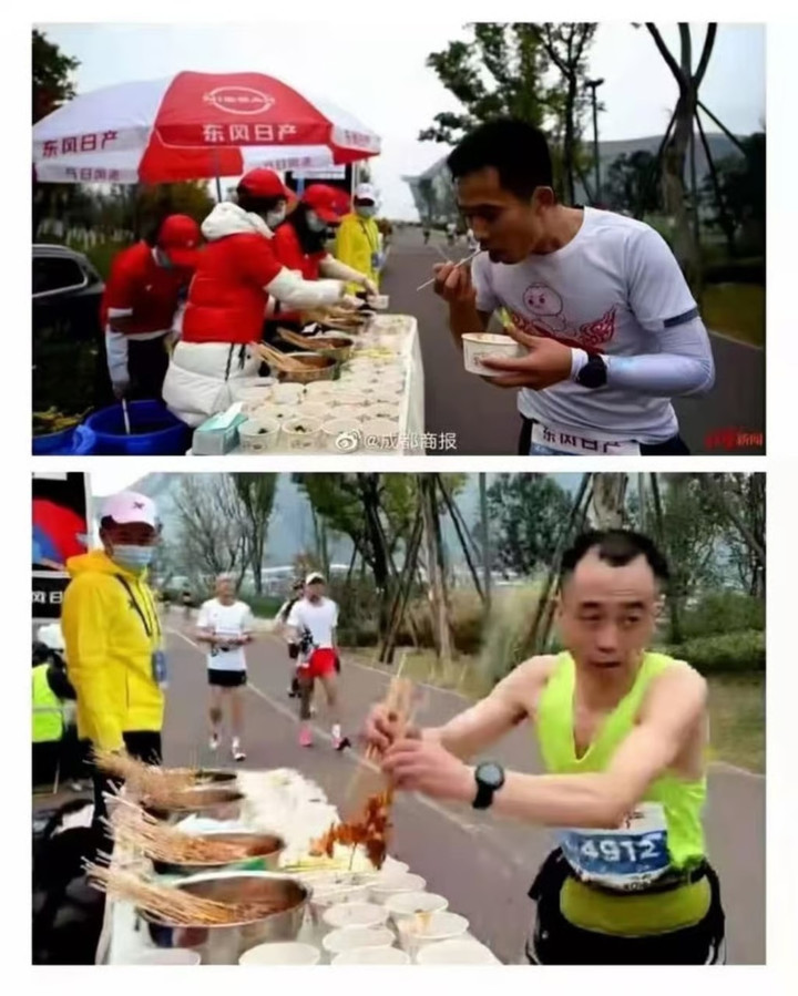 Các vận động viên chạy marathon ở Trung Quốc dừng lại giữa chặng để bổ sung năng lượng. (Ảnh: Sina)
