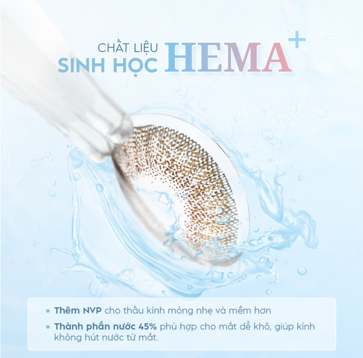 Heli Lens sử dụng chất liệu sinh học HEMA+ giúp việc đeo lens nhẹ nhàng.